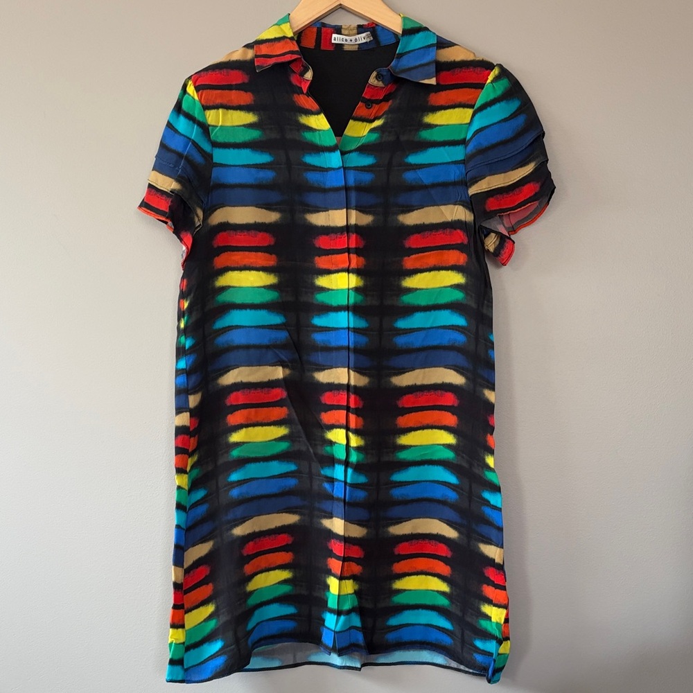 Alice + Olivia Rainbow‎ Block Tie Dye Mini Shirtdress Medium Black Multicolor